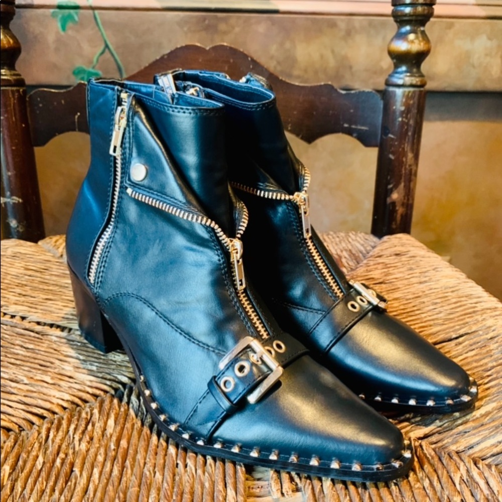✨Black Moto Ankle Boots Gold Zips Buckle Studs✨6.5 - Picture 7 of 13